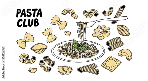 Pasta Club Illustration with Various Noodle Shapes and a Plate of Spaghetti