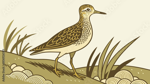 Illustration of a solitary sandpiper bird in nature with grass and rocks on a neutral background art