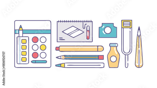 Art supplies vector illustration featuring paint palette pencils and sketchbook for creative projects design