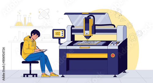 Student studying laser cutting technology in a science lab illustration portraying innovation