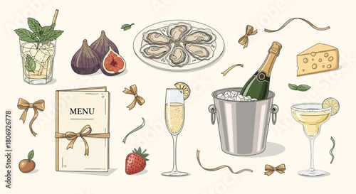 Elegant Gourmet Feast Champagne, Oysters, and Fruit Delights