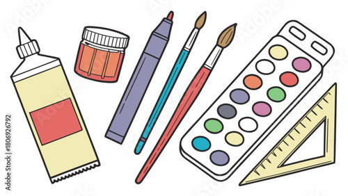 Illustration of art supplies including paintbrushes watercolor paints glue and other drawing materials