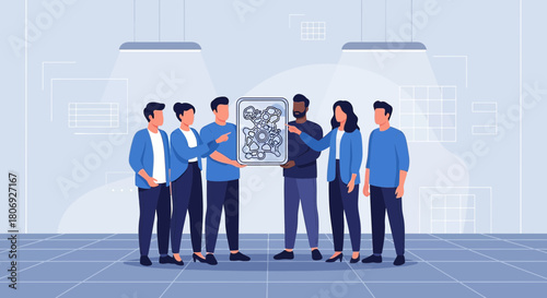 Team collaborative project displaying intricate data flow, signifying technological teamwork