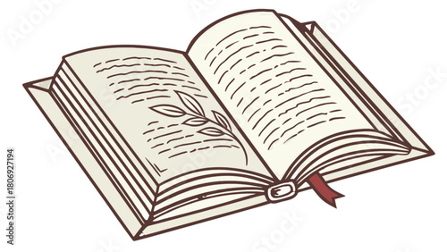 Open book illustration with bookmark and leaf design for reading and literature enthusiasts and students