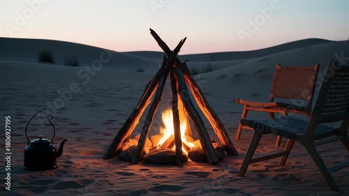 Image depicts a serene desert scene at dusk, featuring a small campfire at the center, surrounded by a few logs arranged in a teepee style. The fire emits a warm, orange glow that contrasts with the c