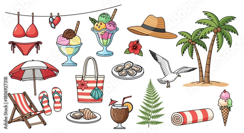 Summer Beach Vacation Icons Relaxing Holiday Essentials Collection