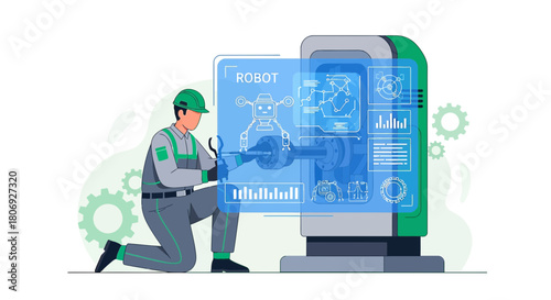 Technician diagnosing robot problems using advanced technology interface for solutions