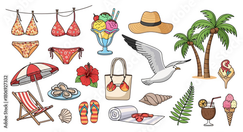 Summer Beach Vacation Elements Bikini, Sea, Palm Trees, and More