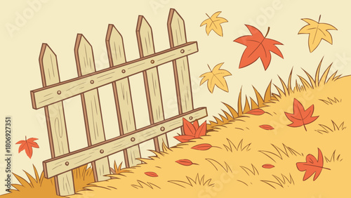 Autumn season fence and falling leaves vector illustration for seasonal design and decoration project
