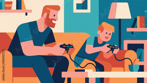 Illustration Of A Father And Son Playing Video Games Vector Design Template