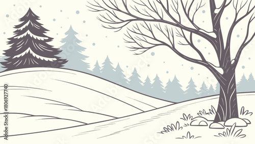 Winter landscape illustration with snow covered hills and bare tree vector graphic design for backgrounds