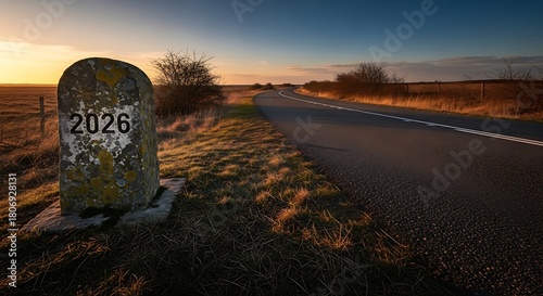 Ancient milestone marker stands beside a rural road at sunset with a dramatic sky overhead