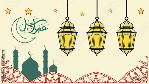 Eid mubarak islamic design with mosque lanterns moon and stars for ramadan kareem celebration vector 100