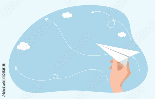 A hand releasing a paper airplane, symbolizing the beginning of a journey, a new project, or the pursuit of a goal. The curving lines suggest the unpredictable path ahead.Background