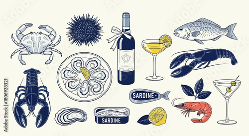 Elegant Seafood Selection Crab, Lobster, Oysters, Fish, and Wine