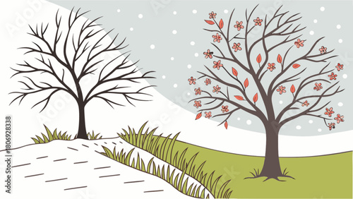 Seasonal changes illustrated trees in winter and spring landscape art vector design graphic illustration