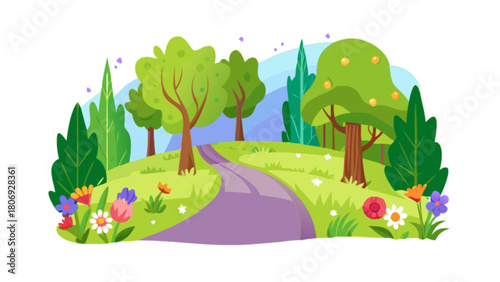 Illustration of scenic landscape with trees flowers path nature park outdoor spring summer vector art