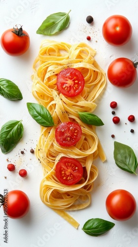 Appetising pasta with tomatoes, basil and spices on a white background will spark an interest in cooking — a great backdrop for food blogs.