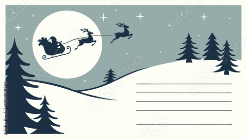 Christmas santa claus sleigh reindeer flying over winter landscape vector graphic design illustration