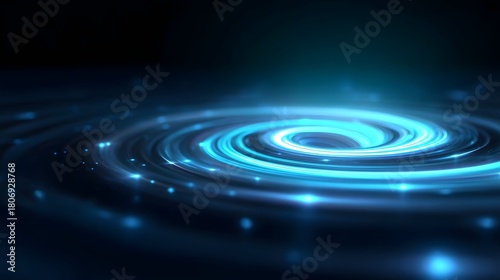 Abstract depiction of a bright blue spiral galaxy or cosmic energy vortex with luminous streaks and scattered glowing particles suggesting powerful forces and vastness