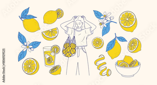 Lemon Squeeze Illustrated Scene of Fresh Citrus and Woman with Lemons