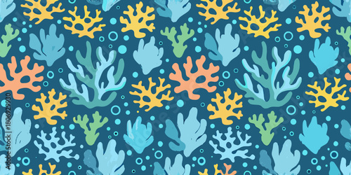 Colorful coral reef seamless pattern with ocean life elements and bubbles