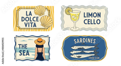 Vintage Coastal Labels La Dolce Vita, Limoncello, The Sea, and Sardines Illustrations for Design