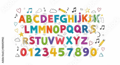 Colorful ABCs and Numbers Illustration with Doodle Elements - Perfect for Education and Design