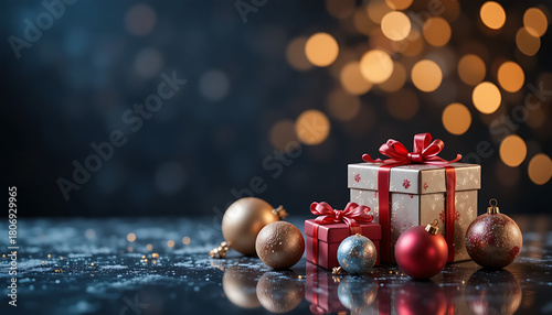 Festive Christmas Gifts and Decorations with Bokeh Light Background