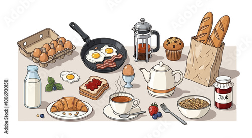 A Delicious Breakfast Spread Eggs, Bacon, Pastries, and Beverages to Start Your Day