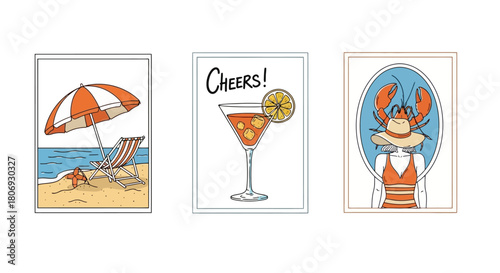 Summer Vacation Fun Beach Umbrella, Cocktail, and Lobster Illustration, Celebrating Sunshine and Joy