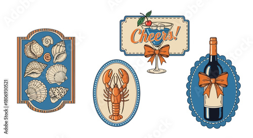 Set of Vintage Style Illustrations featuring Seashells, Lobster, Cocktail, and Wine Bottle Emblems