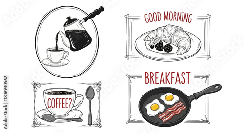 Breakfast and Coffee Delights A Collection of Illustrated Morning Treats and Beverages in Charming Sketches