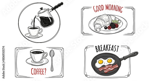 Breakfast and Coffee Icons Delicious Morning Treats, Croissant, Eggs and Beverage, Morning Meal
