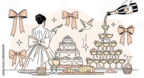 Elegant Celebration Champagne Tower, Cake, and Bows - A Festive Illustration for Special Events