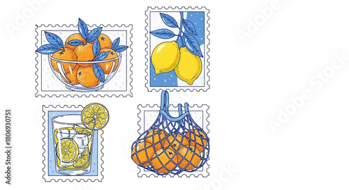 Collection of delightful fruit stamps featuring oranges, lemons, and refreshing summer drinks