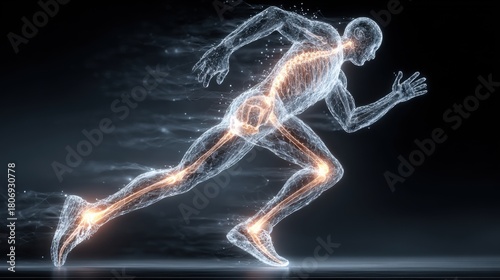 Futuristic Digital Illustration of a Human Figure in Motion with Glowing Elements Highlighting Anatomy and Movement