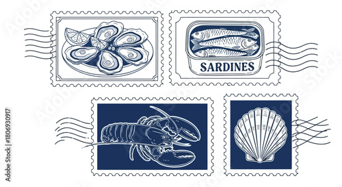 Seafood Stamps Oyster, Sardines, Lobster, and Scallop Collection for Culinary Designs