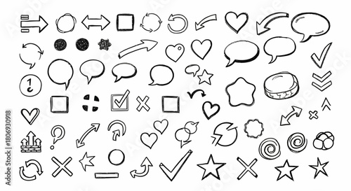 Hand-drawn Black and White Doodle Icons and Symbols for Design and Communication Elements