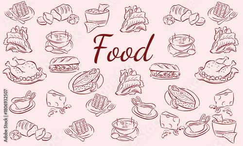 Hand drawn chalk food illustrations. Mediterranean dinner. Wine, champagne tower, charcuterie drawings for wedding invitations, menus, parties. Vector illustration La dolce vita italian sketch style
