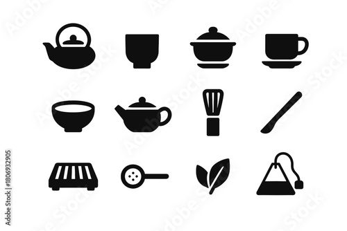 Tea utensil icons set: teapot, cup, bowl, whisk, tea bag, leaves