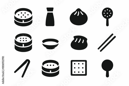 Icon set of asian food items: dim sum, dumplings, chopsticks, steamer, rice bowl, soy sauce bottle