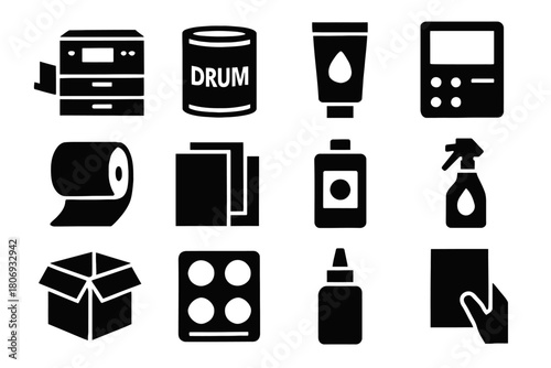 Office supplies: printer drum, paper roll, cleaning spray, packaging box icons set
