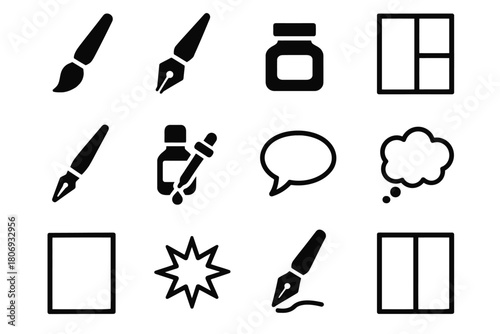 Set of art and writing tool icons including brush, pen, and ink