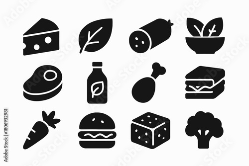 Set of food icons: cheese, leaf, sausage, salad, steak, bottle, chicken, sandwich, carrot, burger, tofu, broccoli