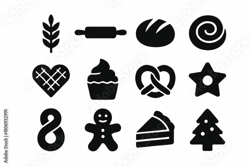 Black icon set of bakery and pastry items including bread, cupcake, pretzel, and gingerbread