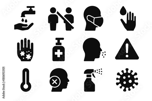 Health and safety icons: masks, hygiene, sanitizer, virus alert, temperature