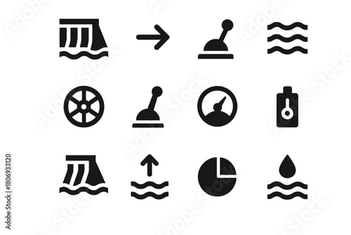 Hydroelectric energy icons: dam, turbine, gauge, water, battery