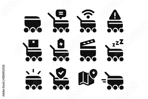 Autonomous delivery robot icons collection with various features and functions