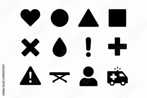 Medical and geometric symbols collection: heart, cross, ambulance, and more